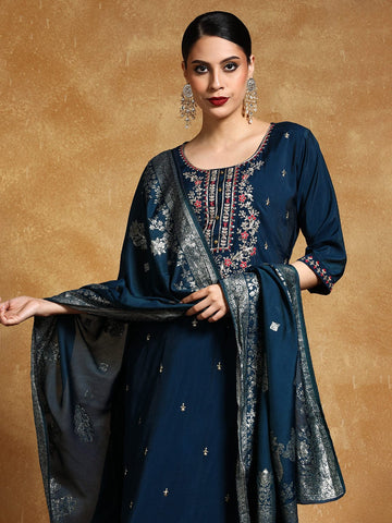 Varanga Women Zari Embroidered Yoke with All Over Floral Motif Buta Kurta with Trouser & Dupatta