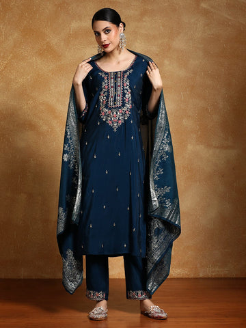 Varanga Women Zari Embroidered Yoke with All Over Floral Motif Buta Kurta with Trouser & Dupatta