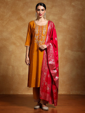Varanga Women Zari Embroidered Yoke with All Over Floral Motif Buta Kurta with Trouser & Dupatta