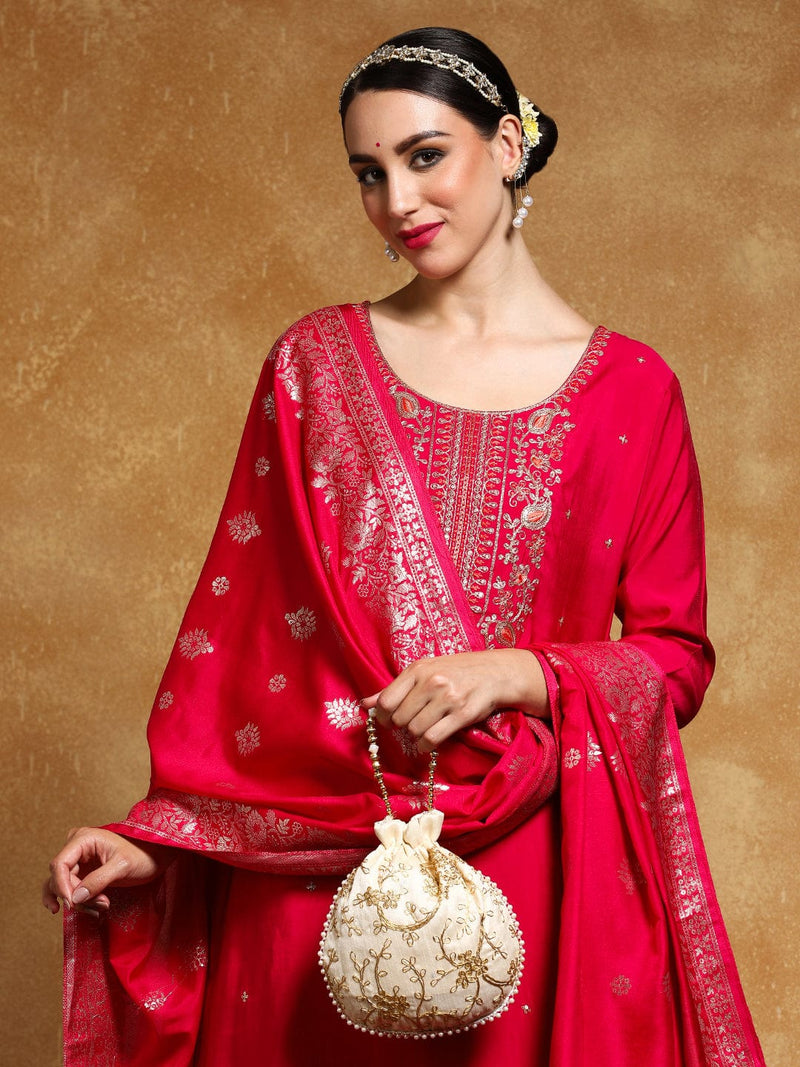 Varanga Women Zari Embroidered Yoke with All Over Floral Motif Buta Kurta with Trouser & Dupatta