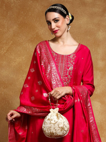 Varanga Women Zari Embroidered Yoke with All Over Floral Motif Buta Kurta with Trouser & Dupatta