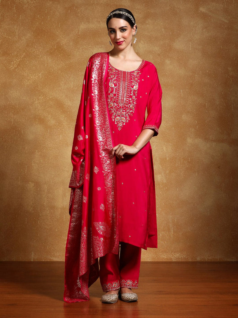 Varanga Women Zari Embroidered Yoke with All Over Floral Motif Buta Kurta with Trouser & Dupatta