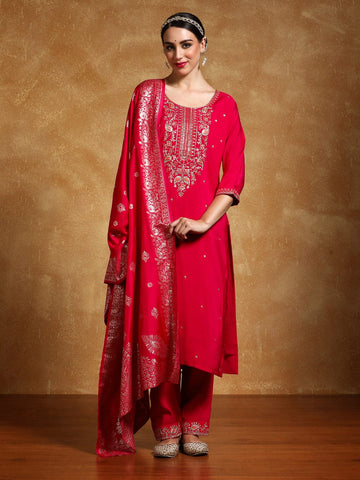 Varanga Women Zari Embroidered Yoke with All Over Floral Motif Buta Kurta with Trouser & Dupatta