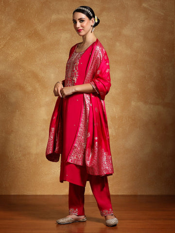 Varanga Women Zari Embroidered Yoke with All Over Floral Motif Buta Kurta with Trouser & Dupatta