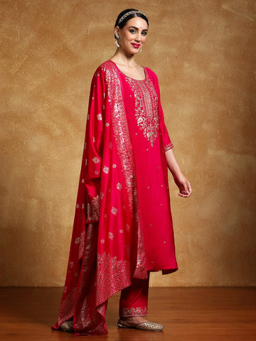 Varanga Women Zari Embroidered Yoke with All Over Floral Motif Buta Kurta with Trouser & Dupatta