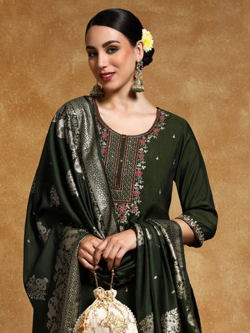 Varanga Women Zari Embroidered Yoke with All Over Floral Motif Buta Kurta with Trouser & Dupatta