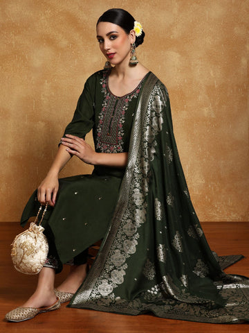 Varanga Women Zari Embroidered Yoke with All Over Floral Motif Buta Kurta with Trouser & Dupatta