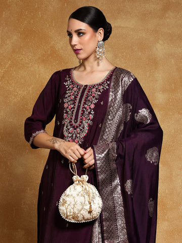Varanga Women Zari Embroidered Yoke with All Over Floral Motif Buta Kurta with Trouser & Dupatta
