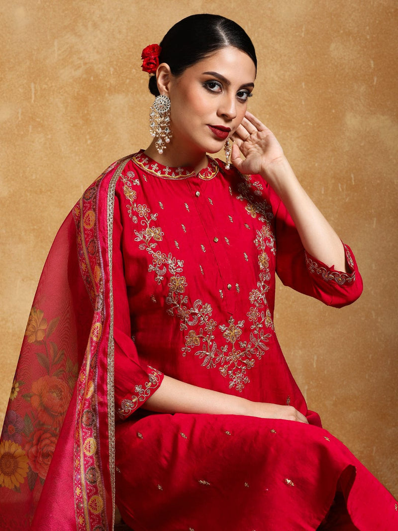 Varanga Women Zari Embroidered Yoke with all over Floral Motif Buta Kurta with Trouser & Dupatta