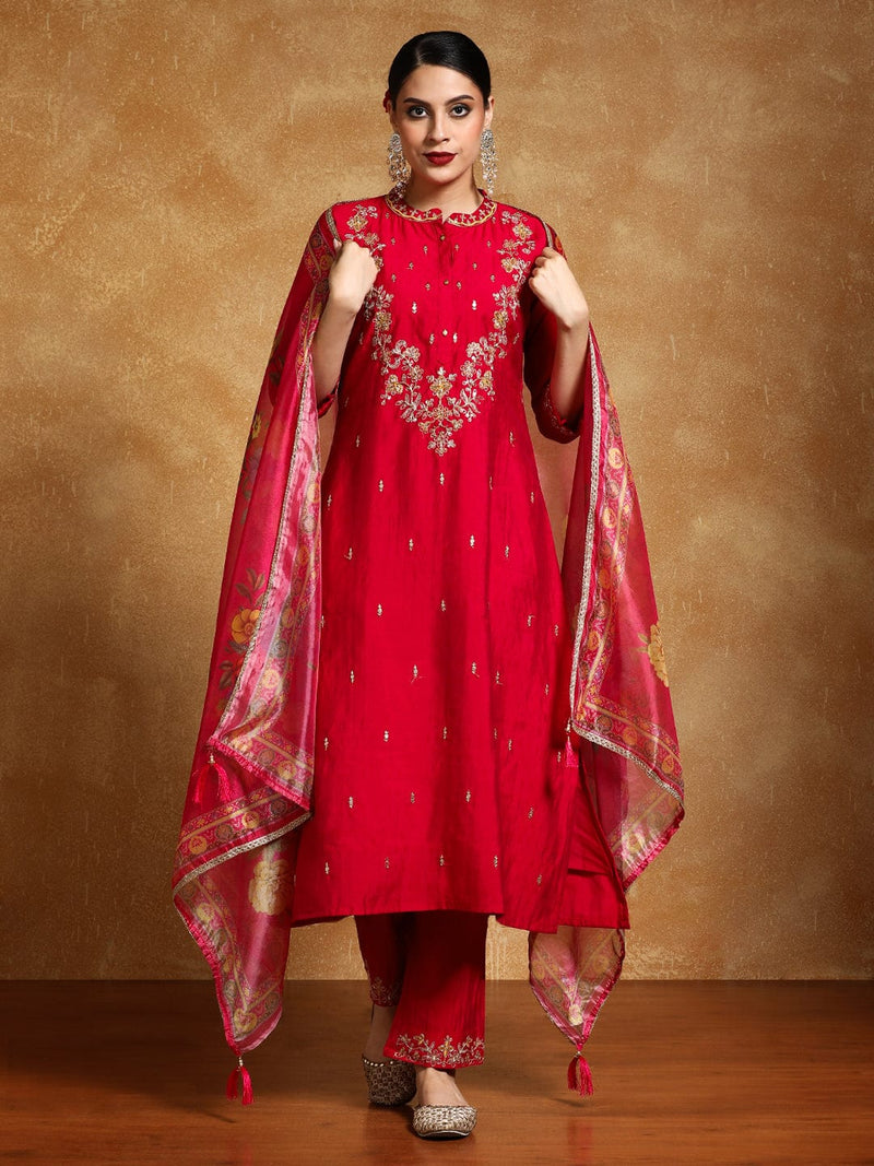 Varanga Women Zari Embroidered Yoke with all over Floral Motif Buta Kurta with Trouser & Dupatta