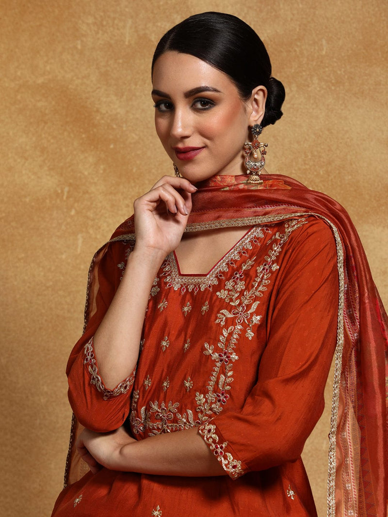 Varanga Women Zari Embroidered Yoke with all over Floral Motif Buta Kurta with Trouser & Dupatta