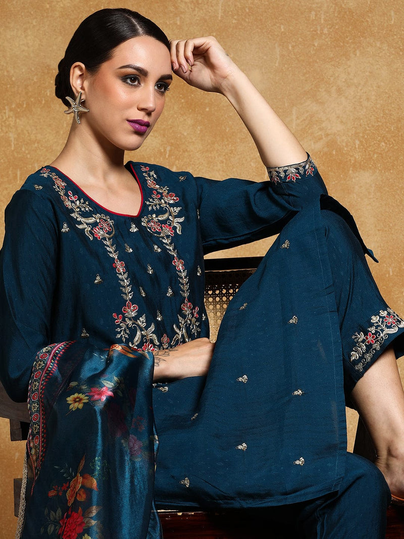 Varanga Women Zari Embroidered Yoke with all over Floral Motif Buta Kurta with Trouser & Dupatta