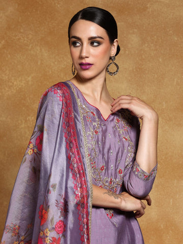 Varanga Women Zari Embroidered Yoke with All Over Floral Motif Buta Kurta with Trouser & Dupatta
