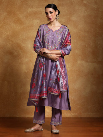 Varanga Women Zari Embroidered Yoke with All Over Floral Motif Buta Kurta with Trouser & Dupatta