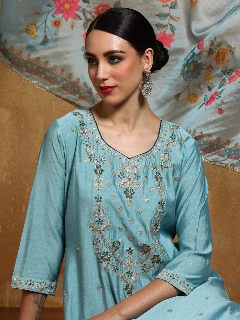 Varanga Women Floral Heavy Zari Embroidered Kurta with Trouser & Dupatta