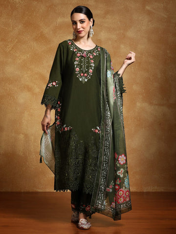Varanga Women Floral Heavy Thread Embroidered Schffili Hem Kurta with Trouser & Dupatta