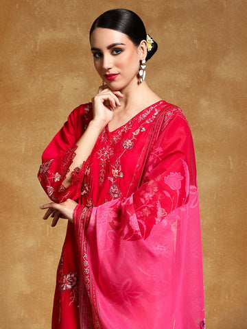 Varanga Women Floral Heavy Thread Embroidered Schffili Hem Kurta with Trouser & Dupatta