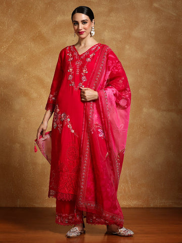 Varanga Women Floral Heavy Thread Embroidered Schffili Hem Kurta with Trouser & Dupatta