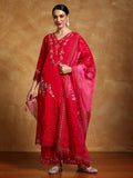 Varanga Women Floral Heavy Thread Embroidered Schffili Hem Kurta with Trouser & Dupatta