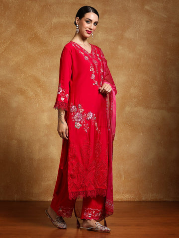 Varanga Women Floral Heavy Thread Embroidered Schffili Hem Kurta with Trouser & Dupatta