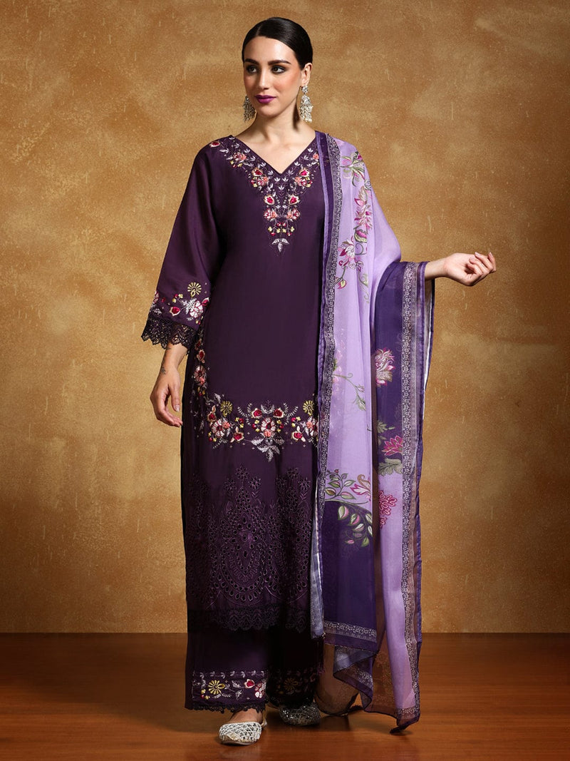 Varanga Women Floral Heavy Thread Embroidered Schffili Hem Kurta with Trouser & Dupatta