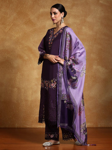 Varanga Women Floral Heavy Thread Embroidered Schffili Hem Kurta with Trouser & Dupatta