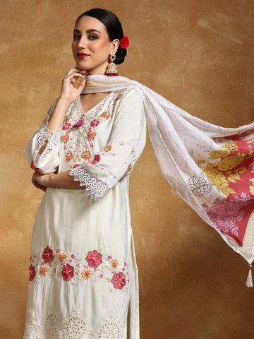 Varanga Women Floral Heavy Thread Embroidered Schffili Hem Kurta with Trouser & Dupatta