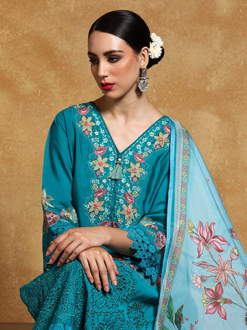 Varanga Women Floral Heavy Thread Embroidered Schffili Hem Kurta with Trouser & Dupatta