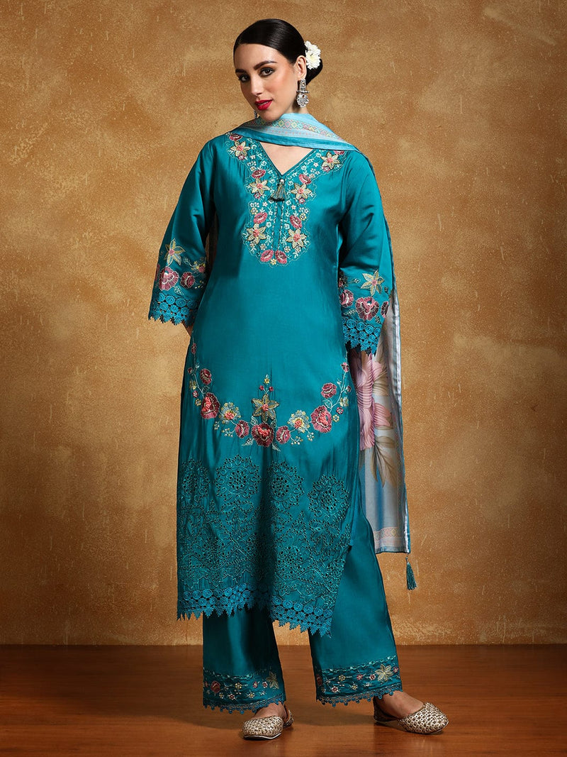 Varanga Women Floral Heavy Thread Embroidered Schffili Hem Kurta with Trouser & Dupatta