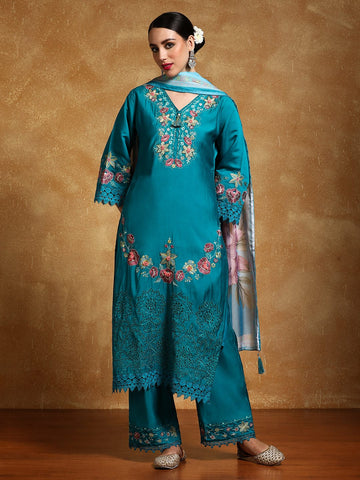 Varanga Women Floral Heavy Thread Embroidered Schffili Hem Kurta with Trouser & Dupatta