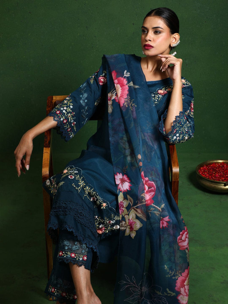 Varanga Women Floral Heavy Thread Embroidered Schffili Hem Kurta With Trouser & Dupatta