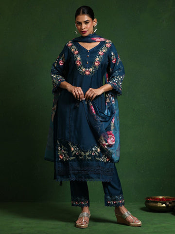 Varanga Women Floral Heavy Thread Embroidered Schffili Hem Kurta With Trouser & Dupatta