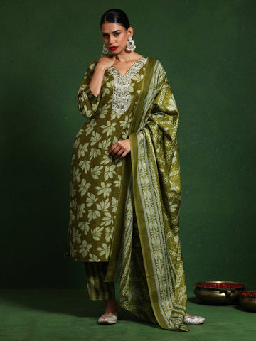 Varanga Women Floral Printed V Neck Kurta With Trouser & Dupatta