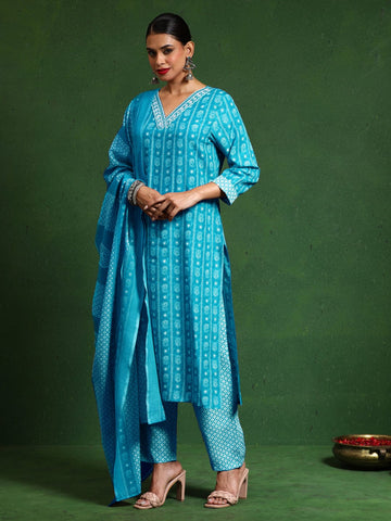 Varanga Women Floral Printed V Neck Kurta with Trouser & Dupatta