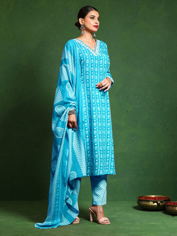 Varanga Women Floral Printed V Neck Kurta with Trouser & Dupatta