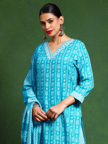 Varanga Women Floral Printed V Neck Kurta with Trouser & Dupatta