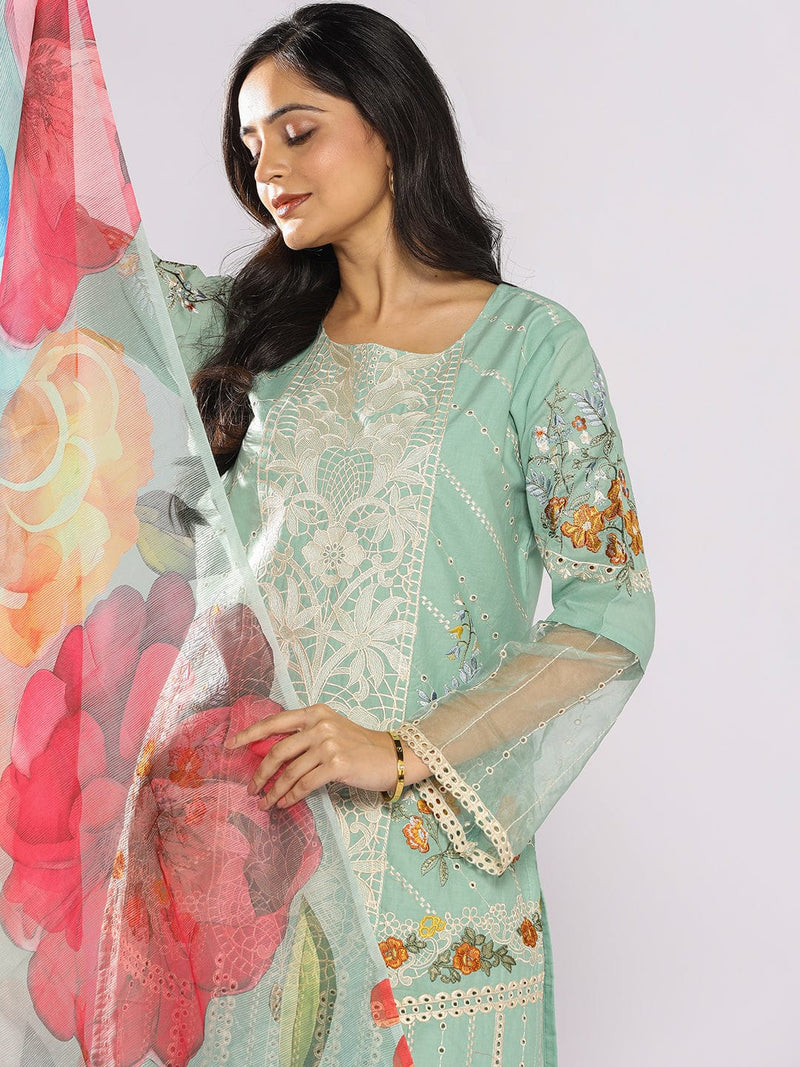 Varanga Women Floral Embroidered Cotton Straight Kurta with Trousers & Dupatta