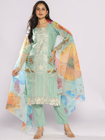Varanga Women Floral Embroidered Cotton Straight Kurta with Trousers & Dupatta