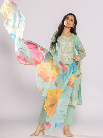 Varanga Women Floral Embroidered Cotton Straight Kurta with Trousers & Dupatta