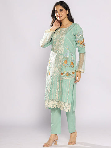 Varanga Women Floral Embroidered Cotton Straight Kurta with Trousers & Dupatta