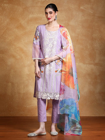 Varanga Women Floral Embroidered Regular Thread Work Pure Cotton Kurta with Trousers & with Dupatta