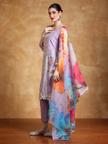 Varanga Women Floral Embroidered Regular Thread Work Pure Cotton Kurta with Trousers & with Dupatta