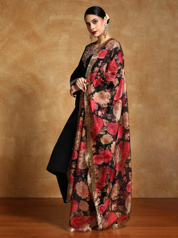 Varanga Women-Zari Embroidered Kurta With Trouser & Floral Printed Dupatta