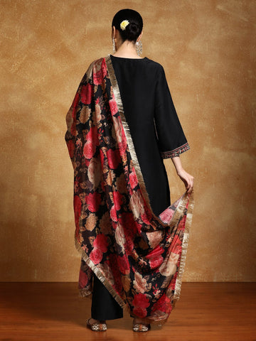 Varanga Women-Zari Embroidered Kurta With Trouser & Floral Printed Dupatta