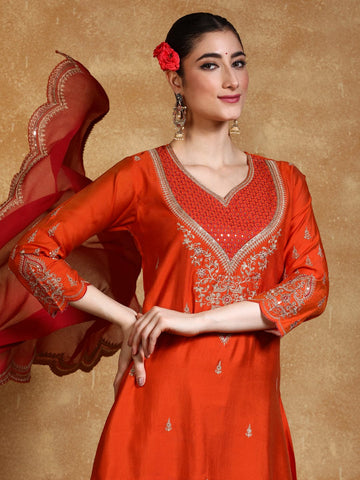 Zari Embroidered A Line Kurta With Trouser & Contrast Dupatta