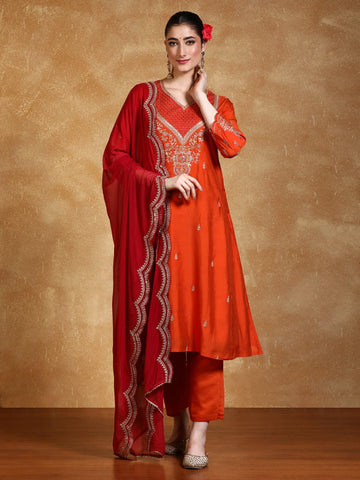 Zari Embroidered A Line Kurta With Trouser & Contrast Dupatta