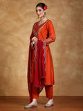 Zari Embroidered A Line Kurta With Trouser & Contrast Dupatta