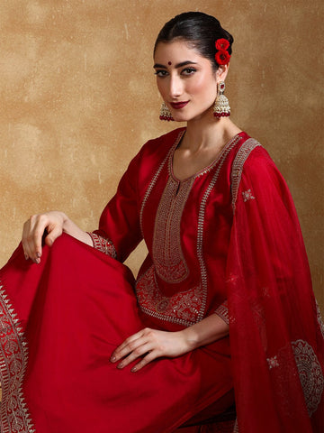 Zari Embroidered A Line Kurta With Trouser & Dupatta