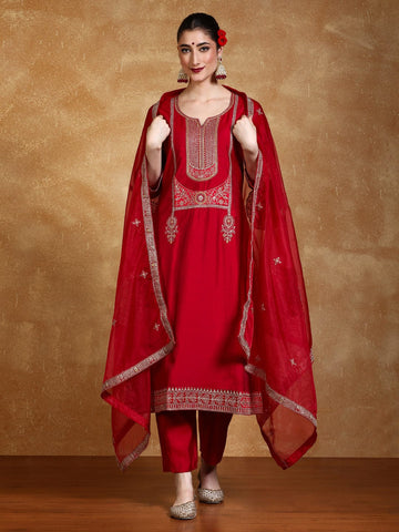 Zari Embroidered A Line Kurta With Trouser & Dupatta