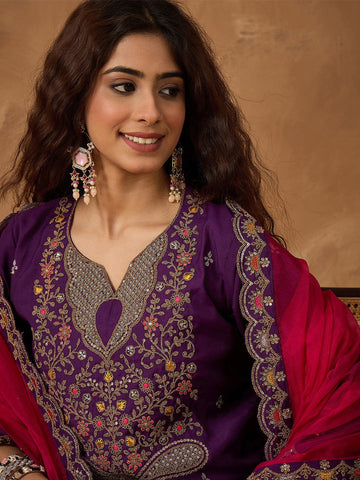 Zari Embroidered A line kurta With Trouser & contrast Dupatta